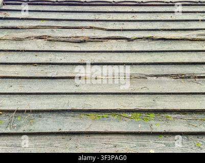 Close-up view of aged, moss-covered wooden shingles on a traditional rural Ukrainian dwelling, showing signs of wear and time Stock Photo