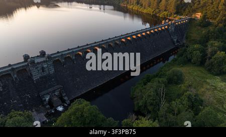 Aerial view of the historic Lake Vyrnwy Dam at sunset in Powys, Wales Stock Photo