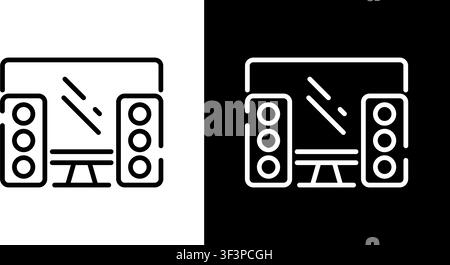 Computer Monitor with Speakers Line Icon Set. Desktop Audio System Outline Symbol Collection. Multimedia Workspace. Editable Stroke. Isolated Vector Stock Vector