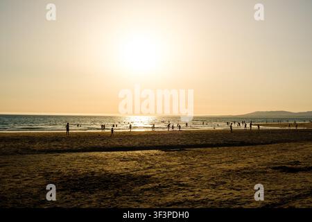 Silhouettes of people swimming and strolling on a sandy beach during sunset Stock Photo