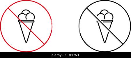 No Ice Cream Allowed Line Icon Set. Dietary Restriction, Health Warning, And Allergy Alert Outline Symbol Collection. Food Limitation Sign. Editable Stock Vector