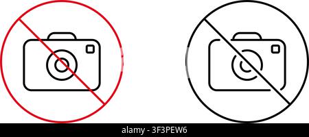 No Photography Allowed Line Icon Set. Camera Prohibition And Privacy Protection Outline Symbol Collection. No Photos Policy And Restricted Area Stock Vector