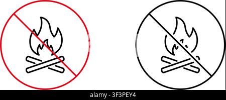 No Campfire Allowed Line Icon Set. Fire Safety, Environmental Protection, And Outdoor Regulations Outline Symbol Collection. Prohibition Sign Stock Vector