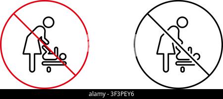 Parent Changing Diaper Prohibition Icon Set. No Diaper Changing Area, Hygiene Restriction, And Safety Warning Outline Symbol Collection. Public Stock Vector