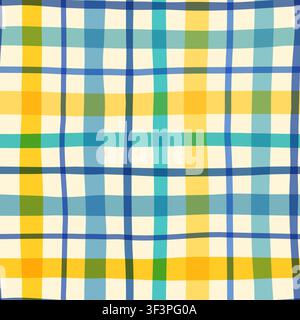 Hand painted yellow and blue summer check vector seamless pattern, Organic uneven brushstrokes plaid background for beachwear design Stock Vector