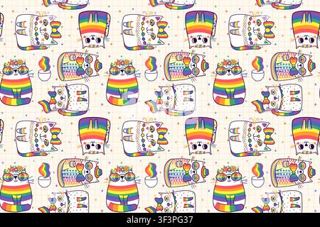 Cute hand drawn cats in rainbow LGBT pride flag colors vector seamless pattern, doodle kitty animal illustration background Stock Vector