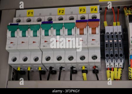 Close up of industrial electrical circuit breakers and terminal blocks in a control switchgear panel Stock Photo