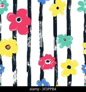 Colorful flower seamless pattern on black striped background. Vector hand drawn watercolor illustration. Cute floral wrapping paper, fashion textile p Stock Vector