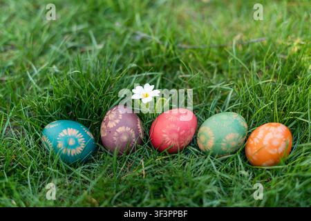 Five pastel-colored Easter eggs decorated with floral prints arranged in a row on fresh green grass beside a blooming primrose. Spring holiday composi Stock Photo