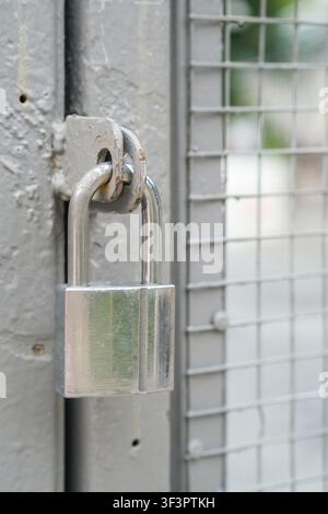 Silver padlock secured on a gray metal gate with a wire mesh background, showcasing a close-up view of the locking mechanism Stock Photo