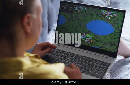 Woman playing economic strategy game on laptop. Stock Photo