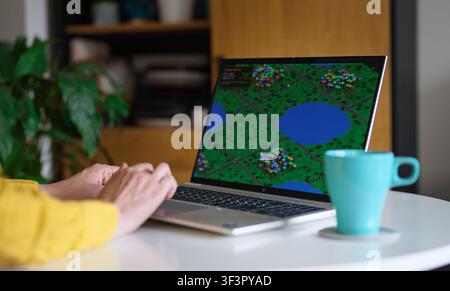 Woman playing economic strategy game on laptop. Stock Photo