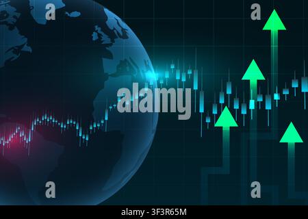 Business and finance background showing a world map globe, bullish candlestick chart, technical trading data, and green upward arrows symbolizing mark Stock Vector