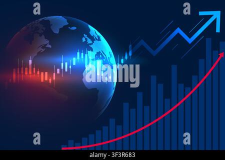 Professional business and finance background showing a glowing world globe, stock market candlestick chart, increasing bar chart, and upward trend Stock Vector