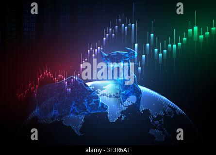 Futuristic financial illustration featuring low poly bull and bear symbols standing on a digital globe with rising candlestick charts and market data Stock Vector
