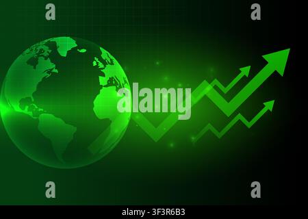 Modern business and finance illustration featuring a glowing world globe with rising green arrow graphs representing global economic growth. Stock Vector