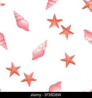 A vector seamless pattern featuring seashells and starfish Stock Vector