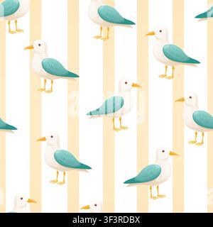 A seamless pattern featuring seagulls on a striped background Stock Vector