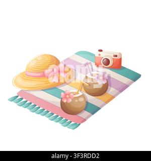 A vector illustration of a summer picnic on the beach with tropical drinks Stock Vector
