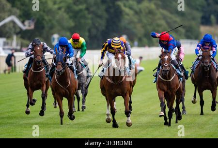 York, UK, Saturday 25th July 2026; Dwindling Funds and jockey Paul Mulrennan win the Sky Bet For the Fans Handicap Stakes for trainer Jim Goldie and owners D. P. Van der Hoeven & D. G. Pryde. Credit JTW Equine Images / Alamy Live News. Stock Photo