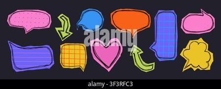 Paper cut out speech bubbles and stickers in Y2K retro style set. Stickers featuring speech bubbles, hearts, and retro elements. Scrapbook set collage pieces with torn edges. Vector illustration Stock Vector