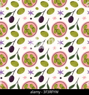 Cute hand drawn seamless vector pattern featuring green olives, black olives, sliced halves, branches, and star accents. Perfect for olive oil packagi Stock Vector