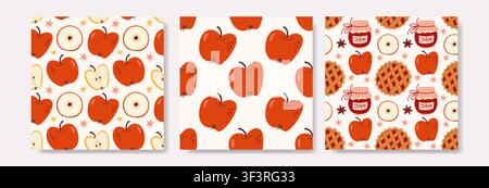 Set of three cute seamless patterns featuring red apples, slices, baked pies, and canned jam jars in warm hand drawn doodle style for fall packaging. Stock Vector
