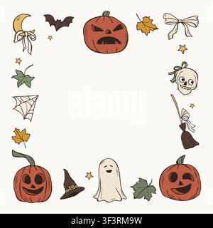 Hand drawn Halloween square frame template with pumpkins and ghost vector illustration Stock Vector