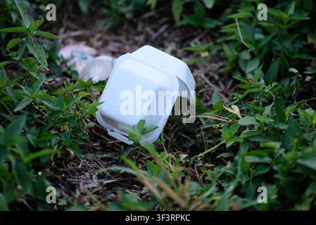 Styrofoam box waste discarded on ground. Discarded white styrofoam box in landfill, close-up shot representing plastic waste pollution, environmental Stock Photo
