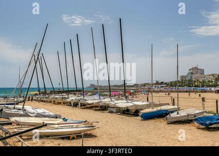 Sailboat masts in the marina at Sitges, Catalonia, Spain. Stock Photo