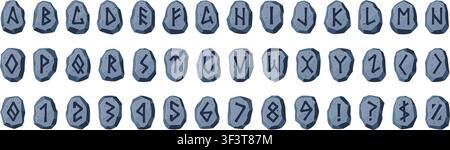 Rune alphabet font. Norse viking stone runic letters, ancient celtic typeface medieval nordic tribal magic warrior mystery occult pagan tattoo set qualitative vector illustration original artwork Stock Vector