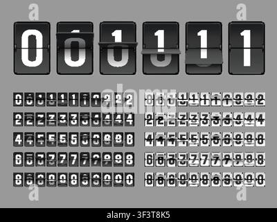 Scoreboard flip animation. Countdown number, clock counter timer airport digital score board date analog calendar mechanical flap year panel retro count garish vector illustration original artwork Stock Vector