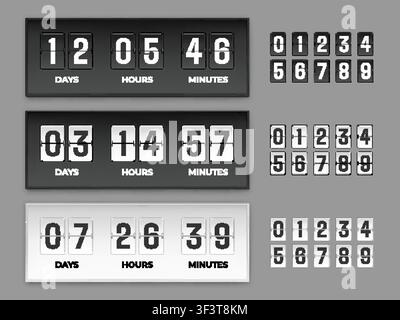 Flip countdown timer. Scoreboard mechanical counter clock number display date time analog retro watch panel font minute hour alarm device meter realistic garish vector illustration original artwork Stock Vector