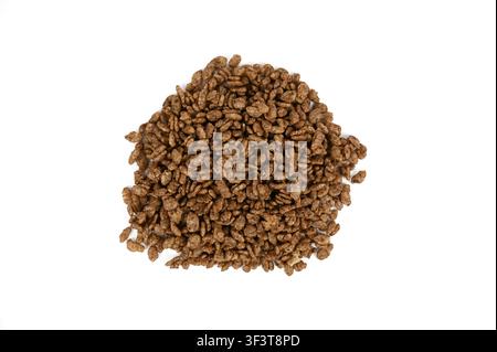 Pile of loose cereal popular chocolate flavored puffed rice Krispie breakfast on white background Stock Photo
