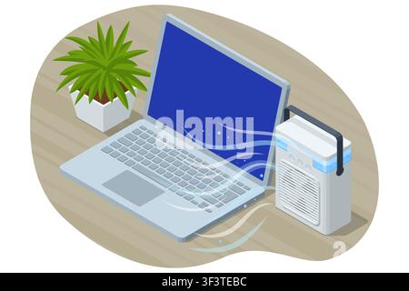 Isometric laptop with portable air cooler on a desk beside a plant, showing airflow, summer heat relief, remote work comfort, personal climate control Stock Vector