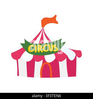 Hand drawn flat vector illustration of a red and white striped circus tent with a flag on a white background. Stock Vector