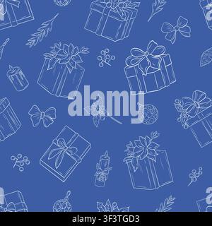 Seamless Christmas pattern with hand drawn gift boxes, bows, ornaments, candles, holly and evergreen branches Stock Vector