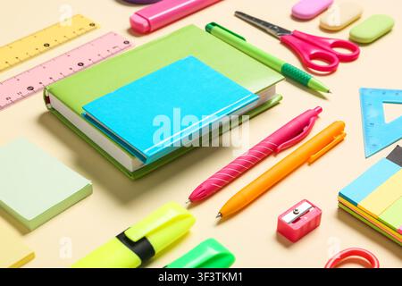 Colorful school and office supplies including notebooks pens rulers and scissors on a light background education and creativity Stock Photo