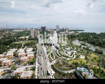 Aerial over the campus toward the lagoon, parkland and the lake, Obama Presidential Center, Jackson Park, Chicago, Illinois, USA Stock Photo
