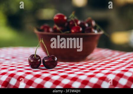 A bowl filled with ripe, seasonal cherries sits on a red and white checkered tablecloth. In the foreground, two cherries are in sharp focus, highlight Stock Photo