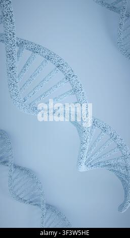 Abstract 3D DNA double helix made of floating particles on a soft blue background, showing genetic structure for biotechnology, medicine, research, an Stock Photo