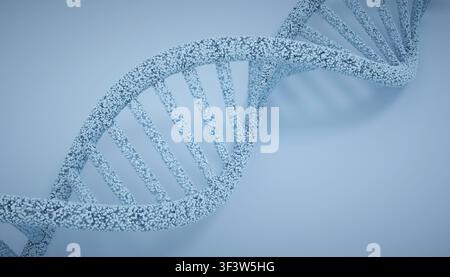 Abstract 3D render of a DNA double helix formed by tiny particles, floating on a soft blue background, symbolizing genetics, molecular biology, resear Stock Photo