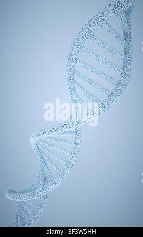 Abstract DNA double helix formed from tiny particles, floating on a soft blue gradient background, symbolizing genetics, biotechnology, and molecular Stock Photo