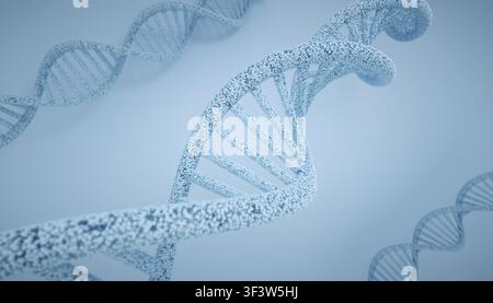 Abstract 3D render of a DNA double helix formed from tiny particles, floating in a soft blue background. Scientific genetics concept for biotech, rese Stock Photo