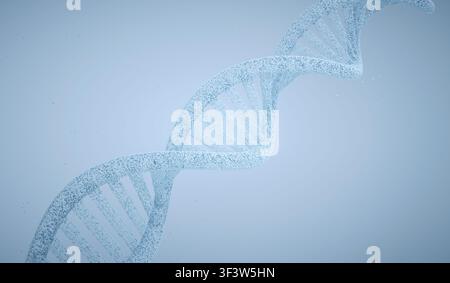 Abstract 3D illustration of a DNA double helix made of floating particles, twisting through a clean blue background. Science and biotechnology concept Stock Photo