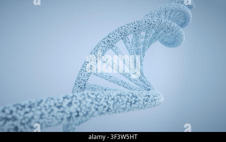 3D abstract illustration of a DNA double helix formed from tiny particles, twisting in soft focus on a clean blue background, evoking genetics, biotec Stock Photo