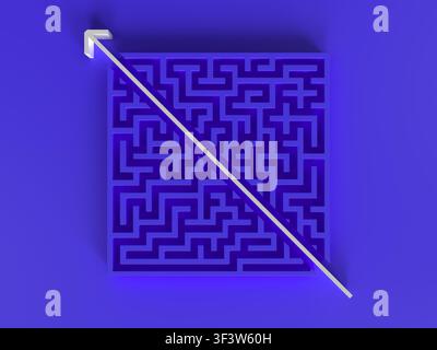 An abstract maze in vibrant blue with a straightforward solution path drawn diagonally across. This visually striking labyrinth represents problem-sol Stock Photo
