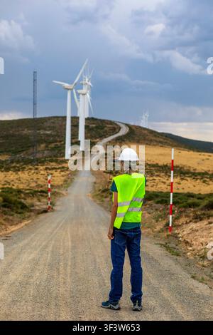 Rear view of a male renewable energy technician in hard hat and safety vest inspecting a wind farm along a rural road, planning maintenance and engine Stock Photo