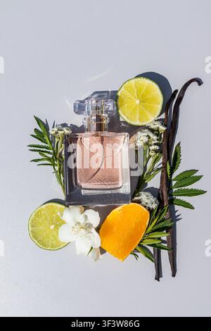 Elegant perfume bottle in soft pink glass styled with lime and orange slices, vanilla pods, green leaves, and white flowers on a bright background wit Stock Photo
