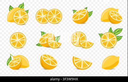 Lemon 3. Vector Set yellow lemon branches with green leaves. Mediterranean illustration lemon isolated on white background. Italian floral summer.  Stock Vector
